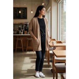 Melissa Paige Cardigan Sweater Camel‎ Knit Open Front Cozy Minimalist Chic Large